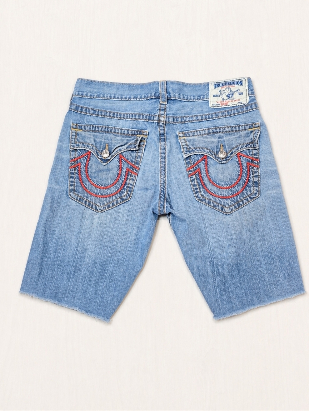 True Religion Men’s Denim Shorts Size 36 Distressed Cutoff Medium Wash Flap Pock